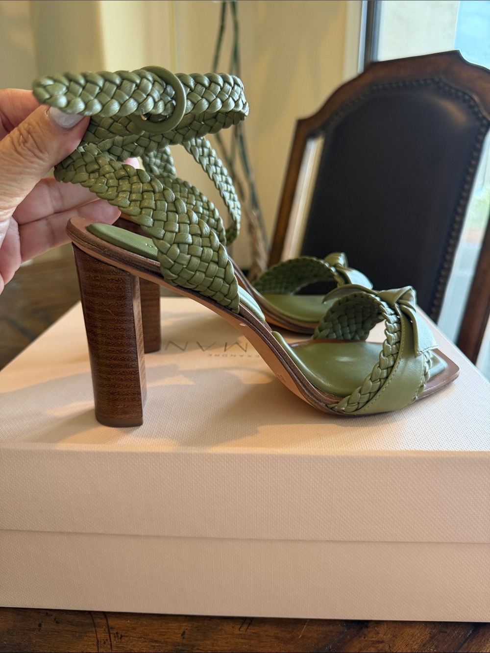 Alexandre Birman Olive Green Leather Block Heel Sandals - Picture 3 of 12